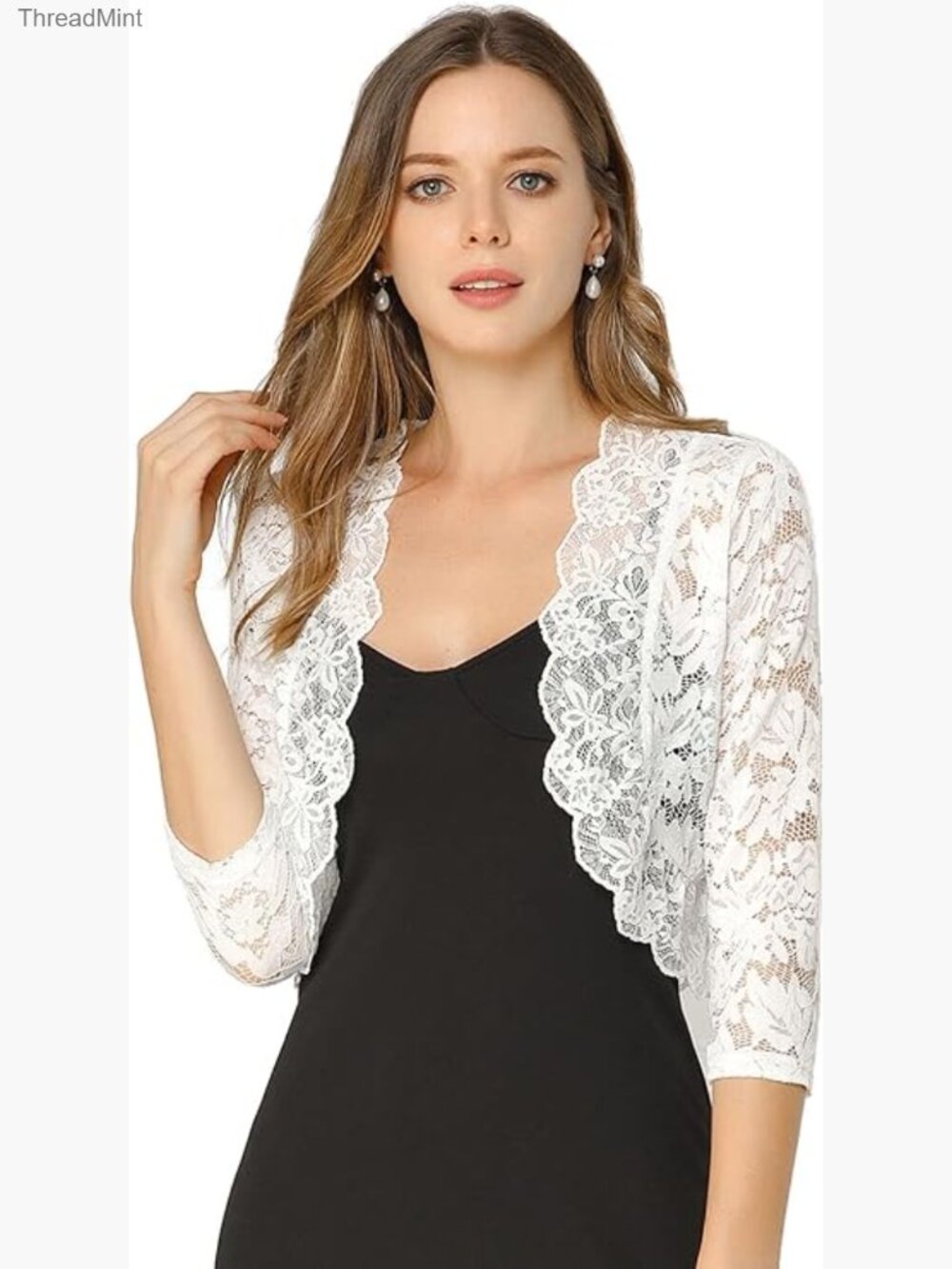 Sheer Floral Lace Shrug Top 3/4 Sleeve Open Front Cardigan